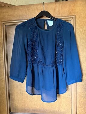 Maeve Navy Pintuck Peplum Blouse with Sequin Embroidery
